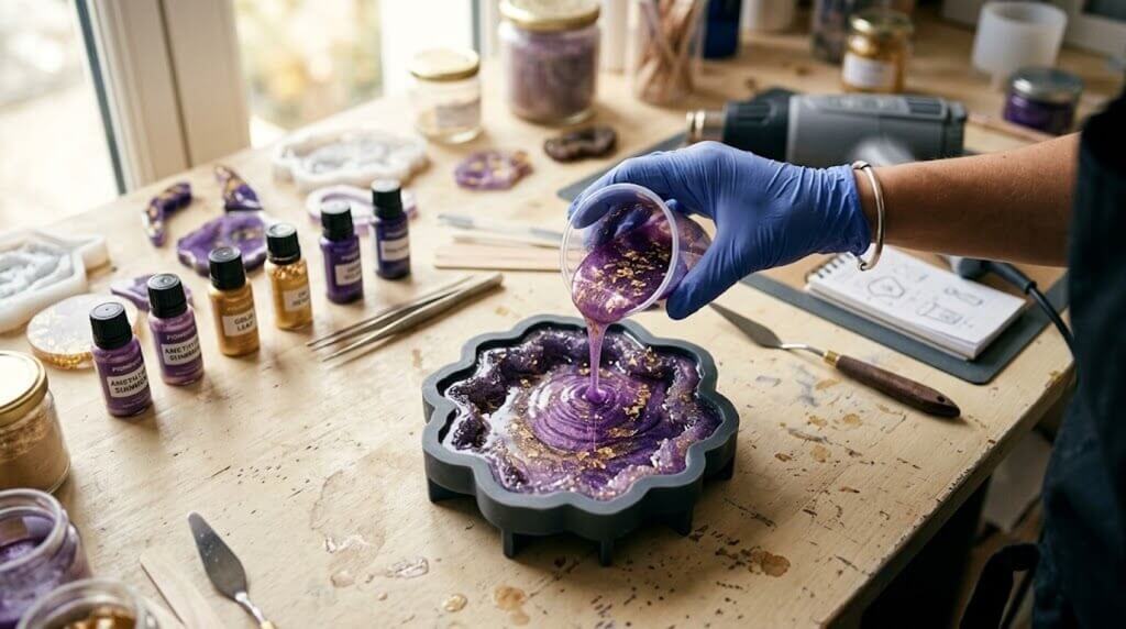 Murielle, artisane créatrice en résine façonnant des bijoux et objets d'artisanat d'art fait main en Bretagne